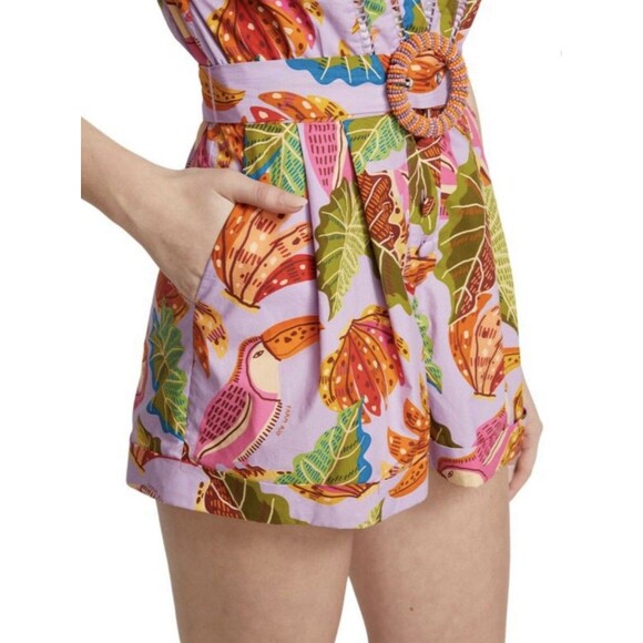 FARM Rio beaks and bananas ruffle print Romper Tropical Sz M Cotto(Missing Belt) - Picture 3 of 16